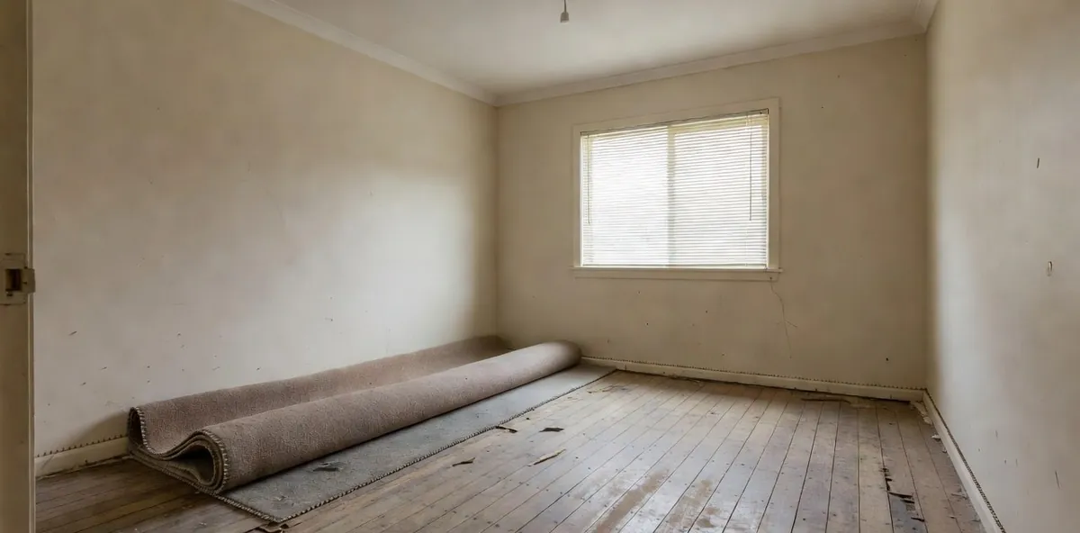 An empty bedroom with the carpet rolled back off dusty hardwood boards, gripper still along the skirting