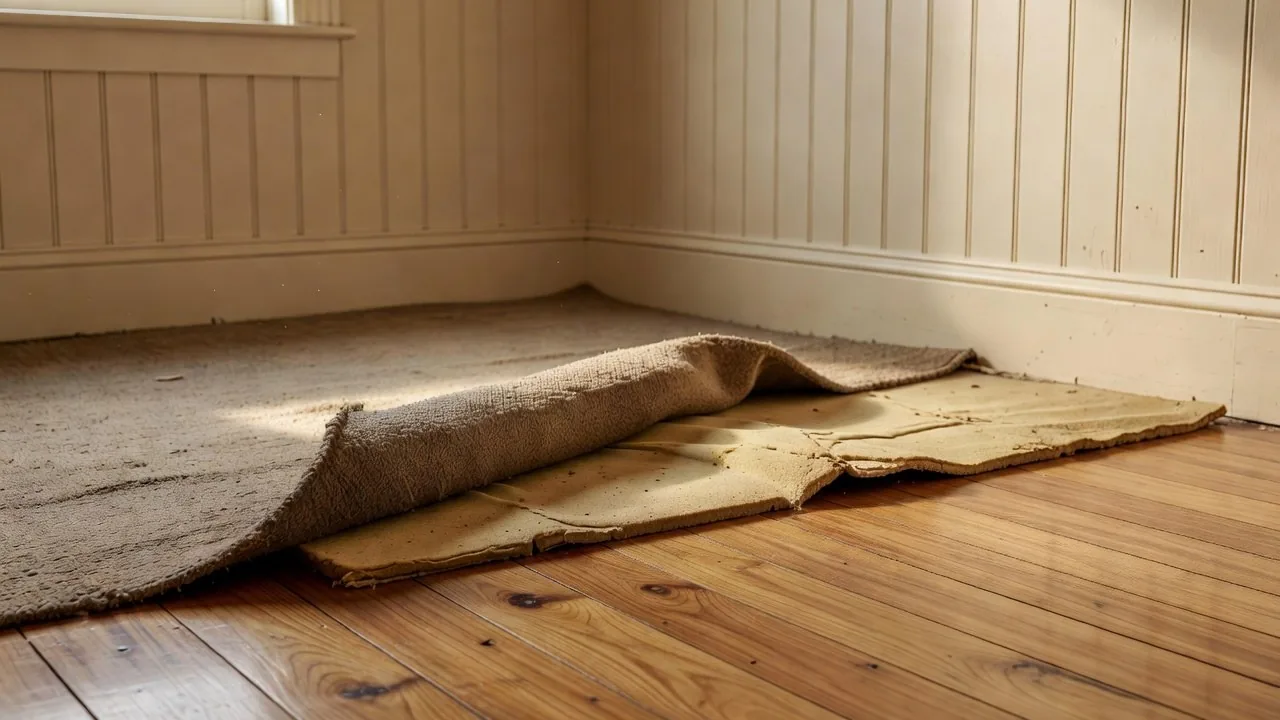 Old carpet peeled back to reveal original hardwood boards
