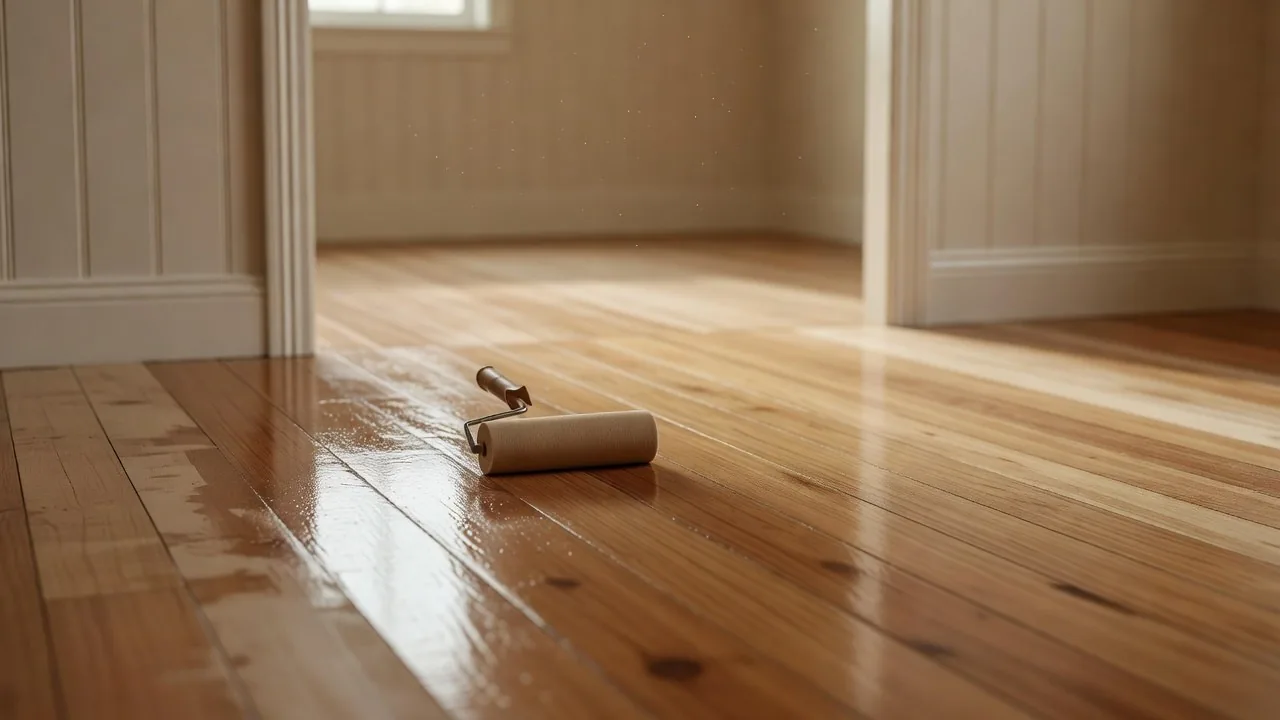 Clear coating being rolled onto a sanded hardwood floor