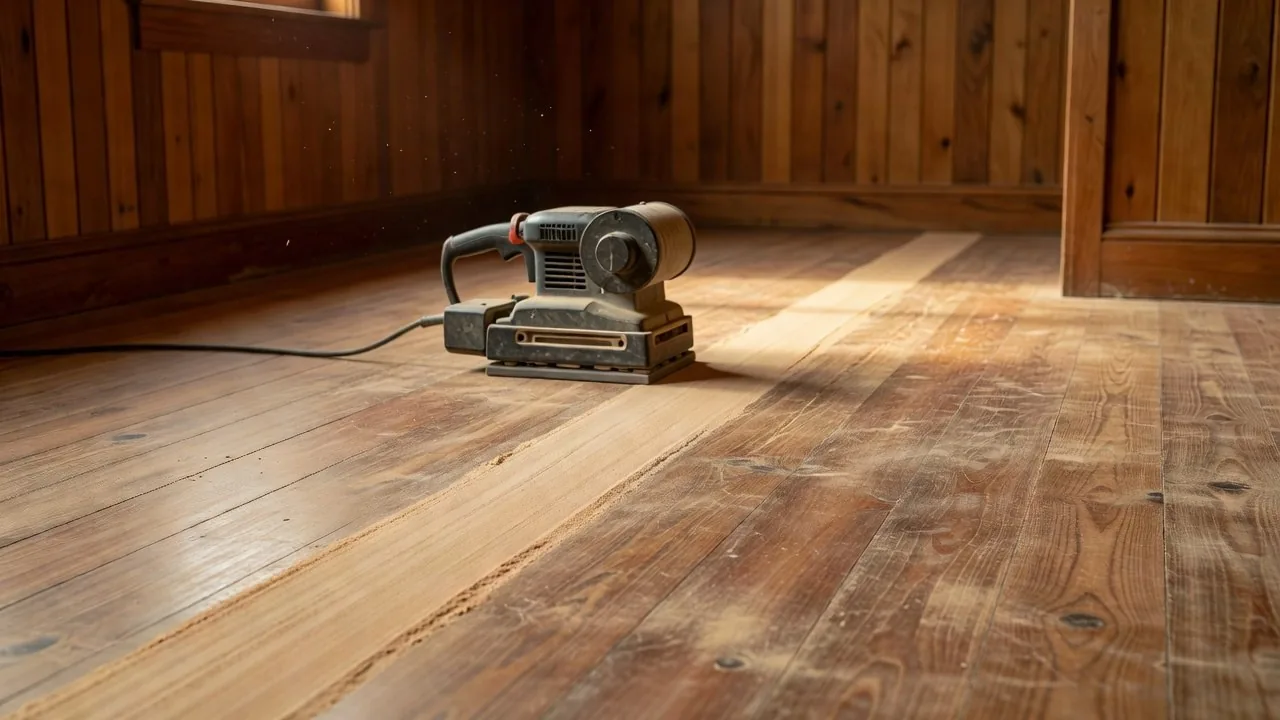 A belt sander taking an old timber floor back to bare wood