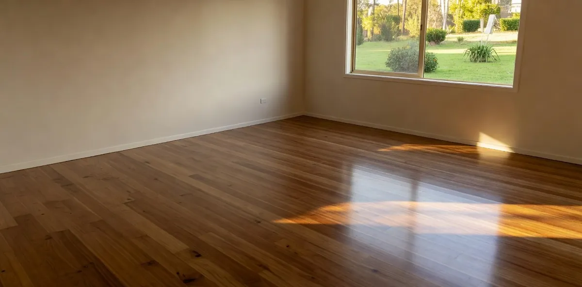 An empty lounge room with the timber floor stained a deep warm brown, afternoon light across it