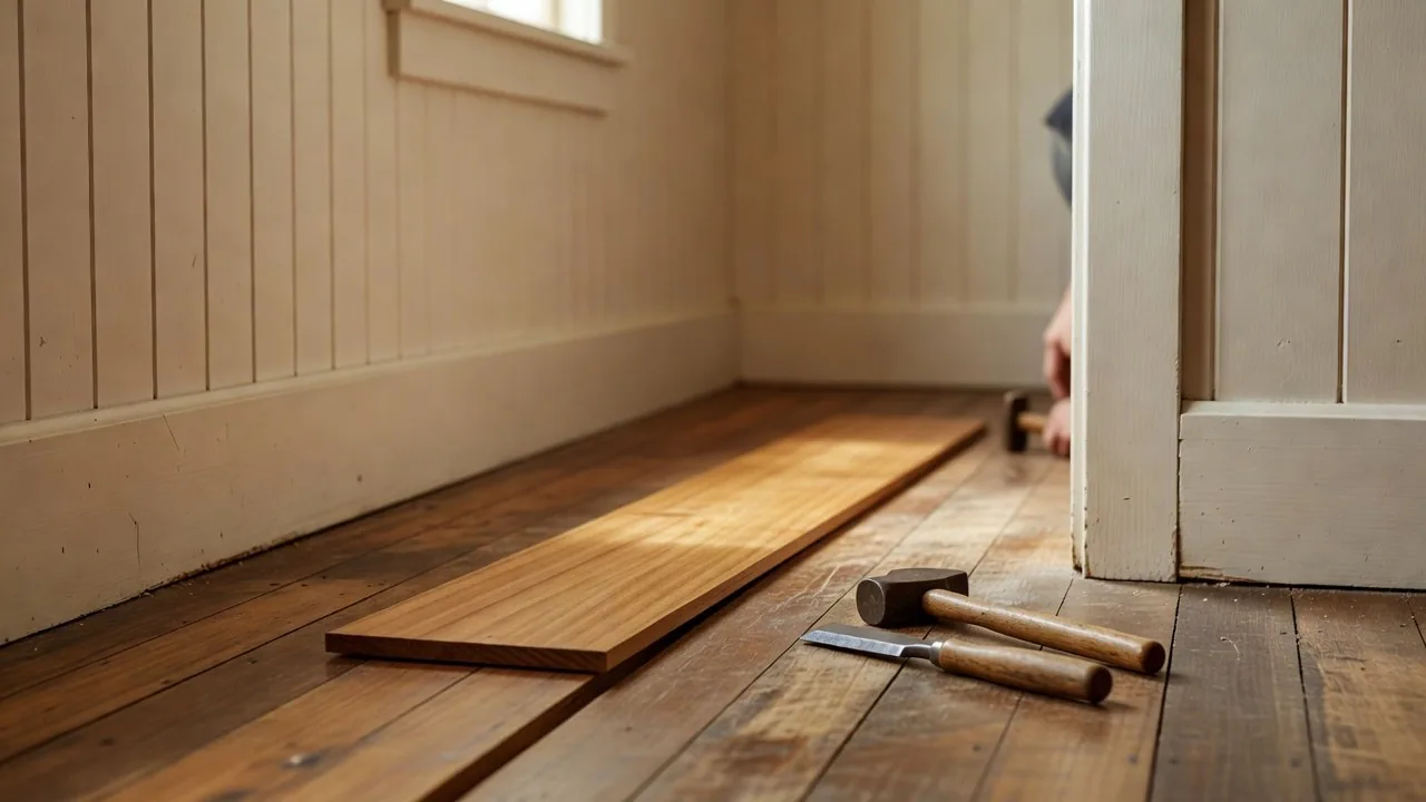 A replacement hardwood board being fitted into an old floor